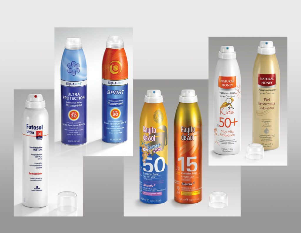 Equaline Continuous Sunscreens use Coster bag-on-valves, while Fotosol Ultra, Rayito de Sol and Sun Natural Honey use both Coster BOVs and Serie 1800 standard actuators